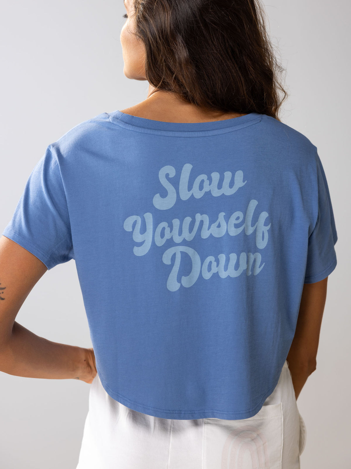 Blue Retro Moon Crop | Organic Cotton | Slow Yourself Down - Womens Shirts