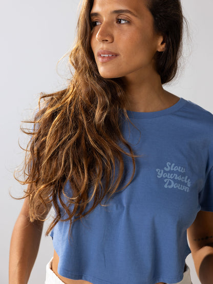 Blue Retro Moon Crop | Organic Cotton | Slow Yourself Down - Womens Shirts