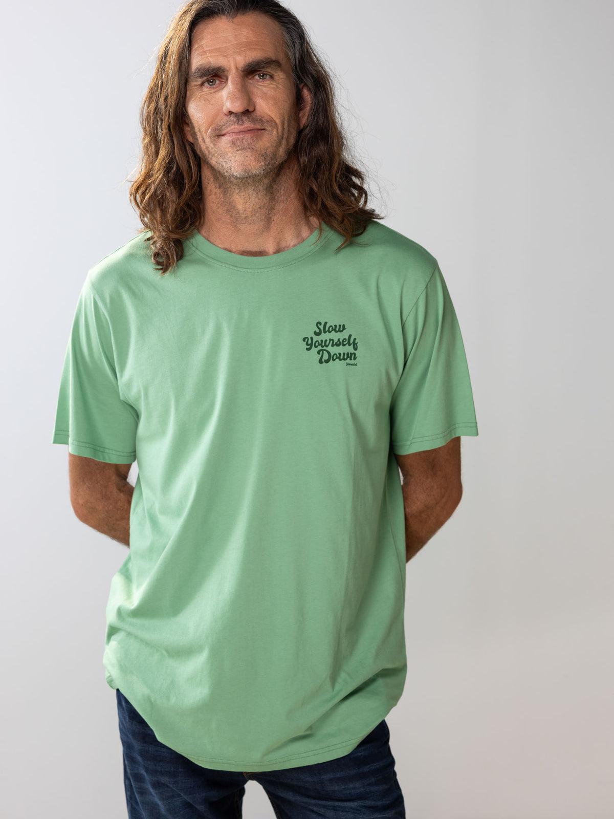 Green Retro Tee | Organic Cotton | Slow Yourself Down - Mens Shirts