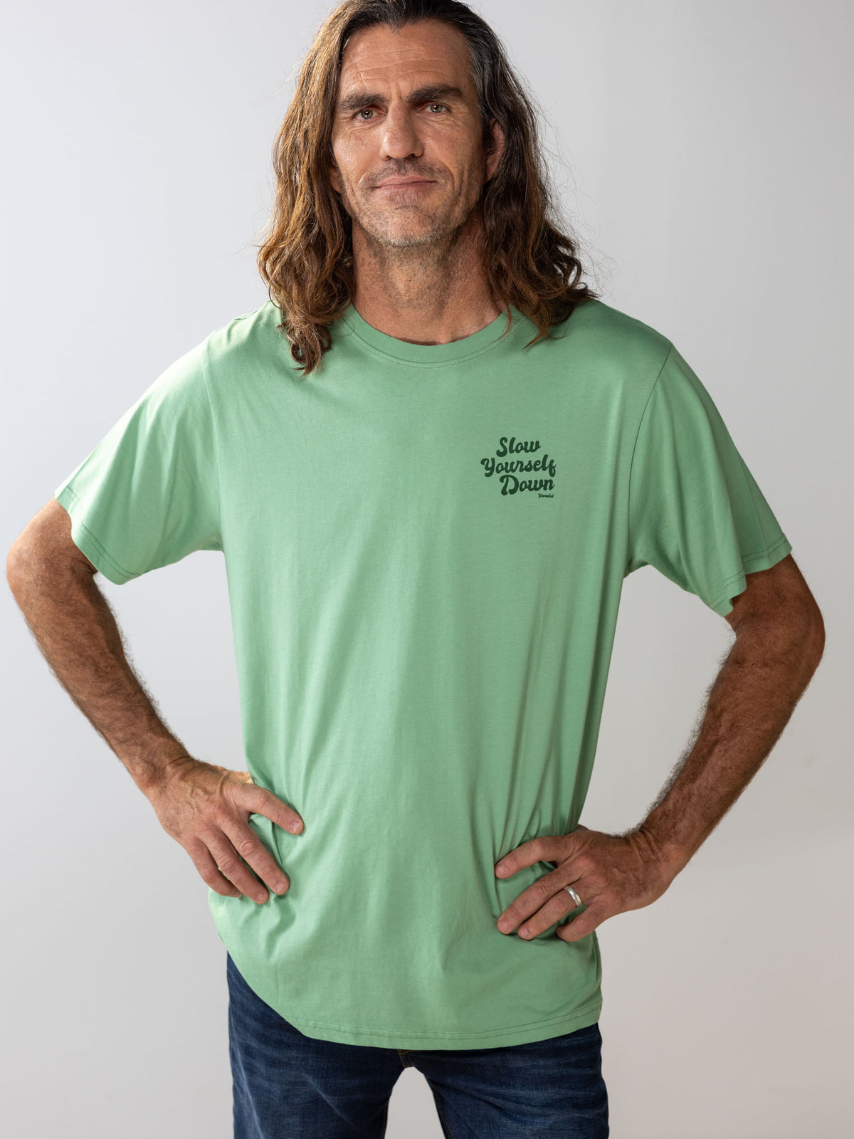 Green Retro Tee | Organic Cotton | Slow Yourself Down - Mens Shirts