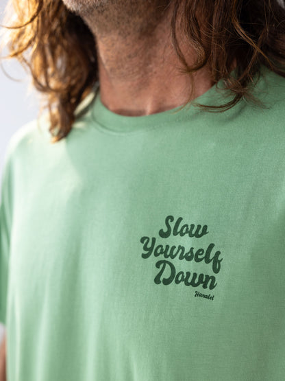 Green Retro Tee | Organic Cotton | Slow Yourself Down - Mens Shirts