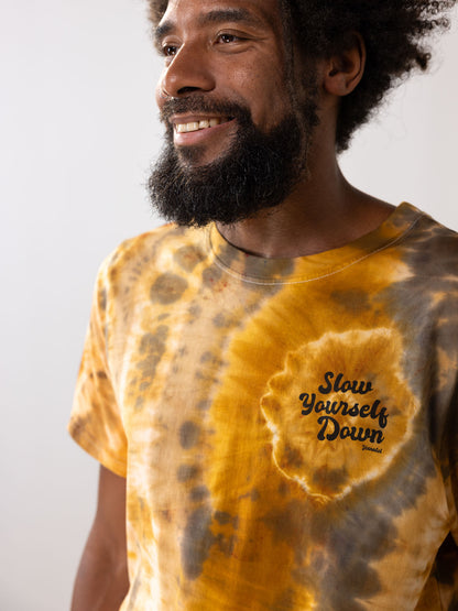 Gold-ish — Retro Stamp Tie-Dye Tee | Organic Cotton | Slow Yourself Down - Mens Shirts