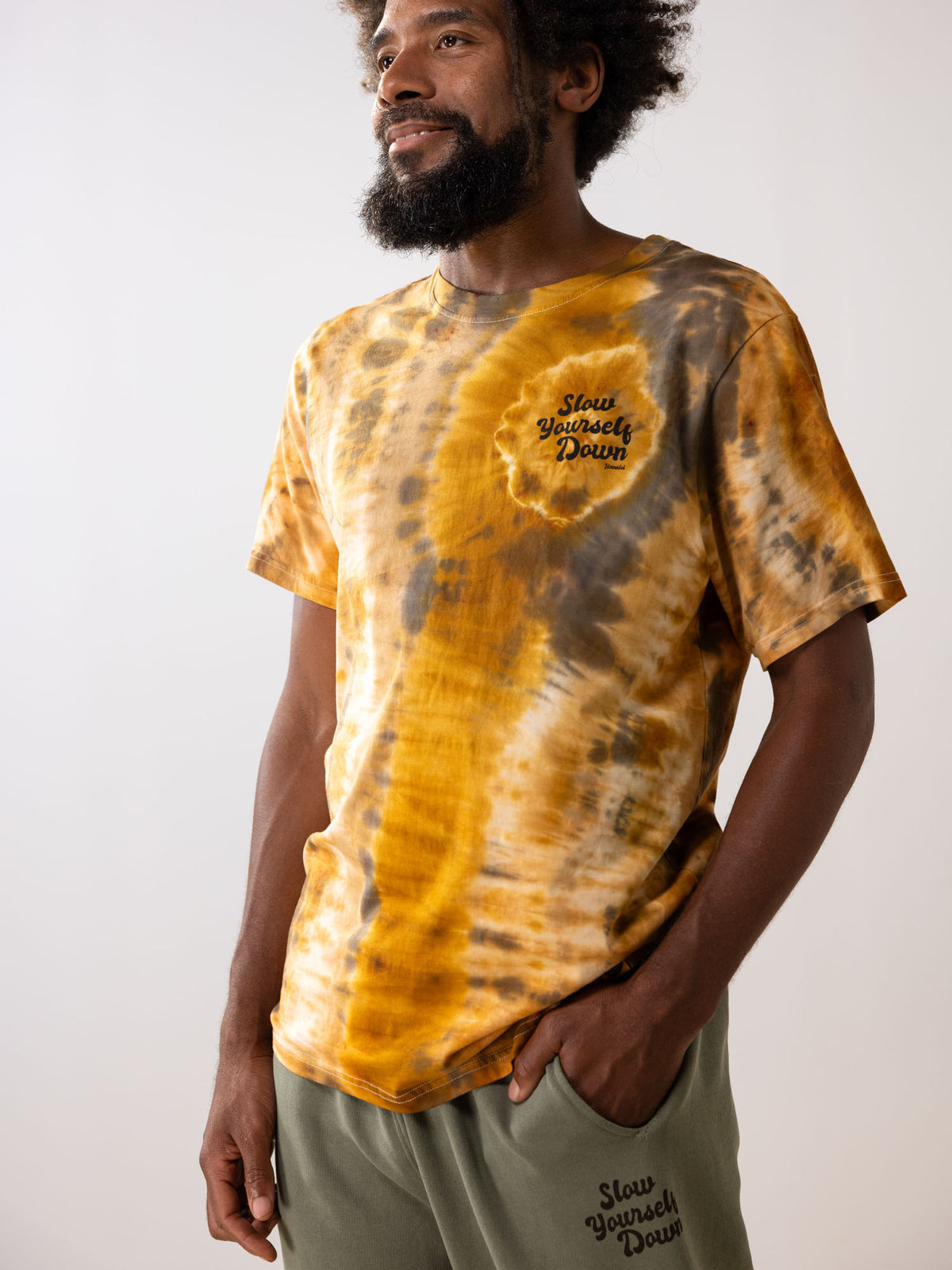 Gold-ish — Retro Stamp Tie-Dye Tee | Organic Cotton | Slow Yourself Down - Mens Shirts