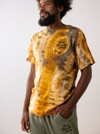 Gold-ish — Retro Stamp Tie-Dye Tee | Organic Cotton | Slow Yourself Down - Mens Shirts