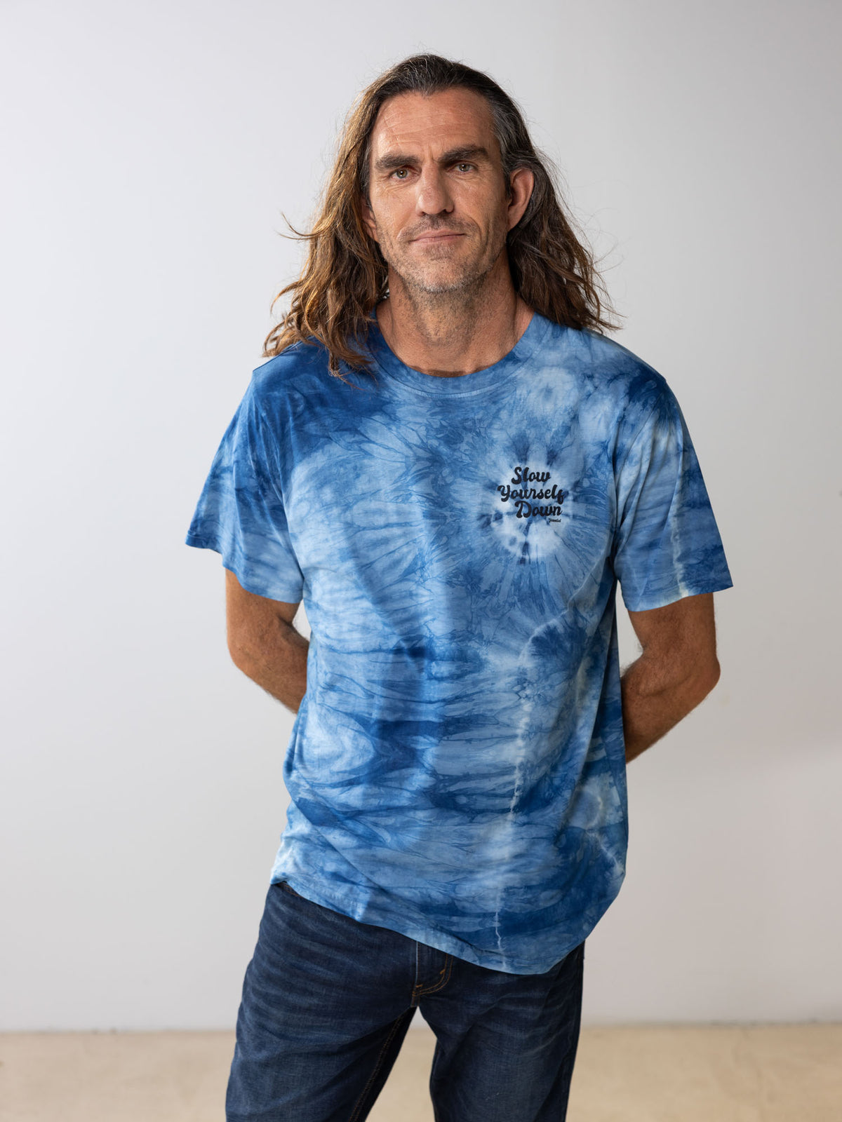 Indigo — Retro Stamp Tie-Dye Tee | Organic Cotton | Slow Yourself Down - Mens Shirts