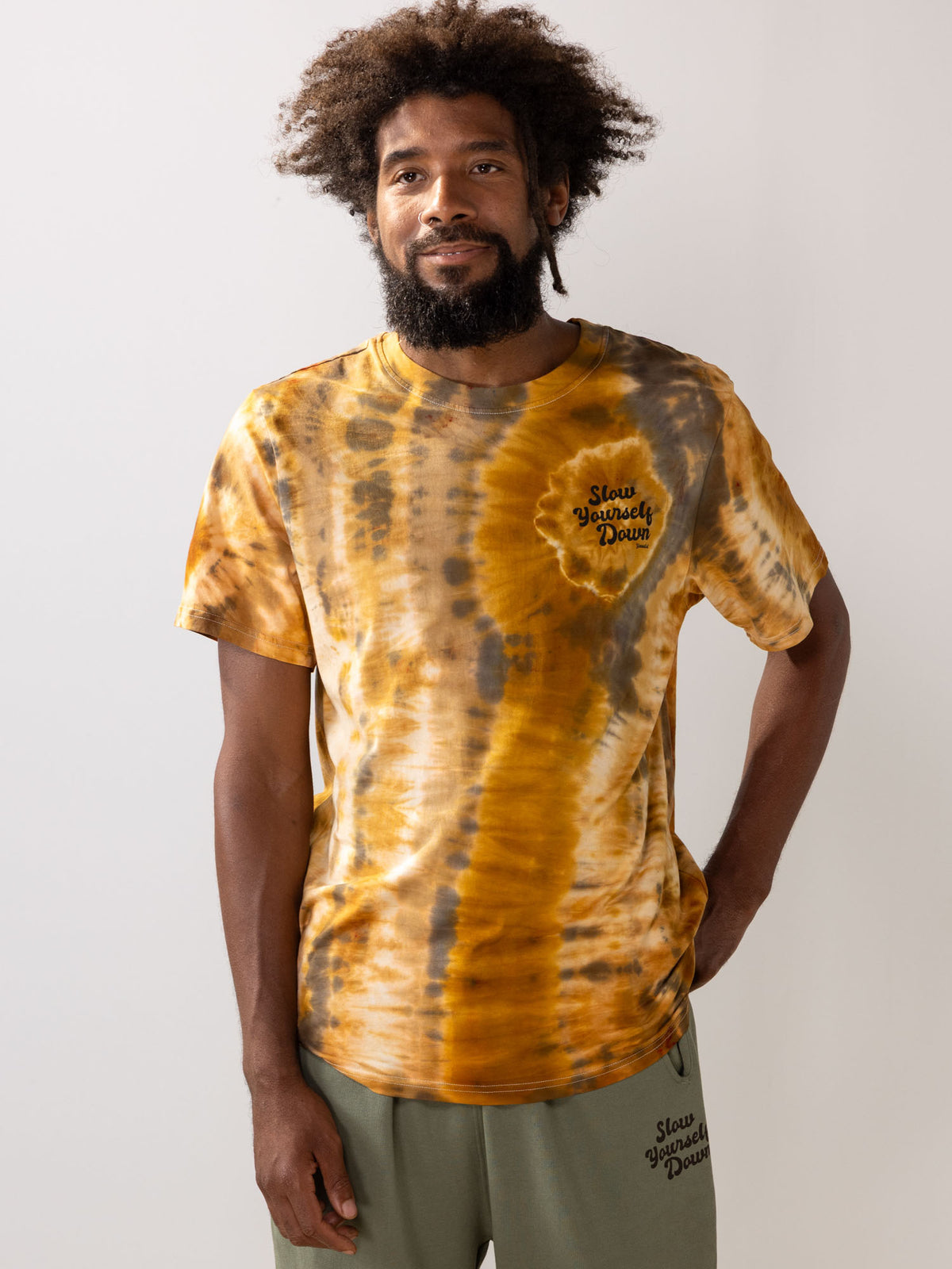 Gold-ish — Retro Stamp Tie-Dye Tee | Organic Cotton | Slow Yourself Down - Mens Shirts