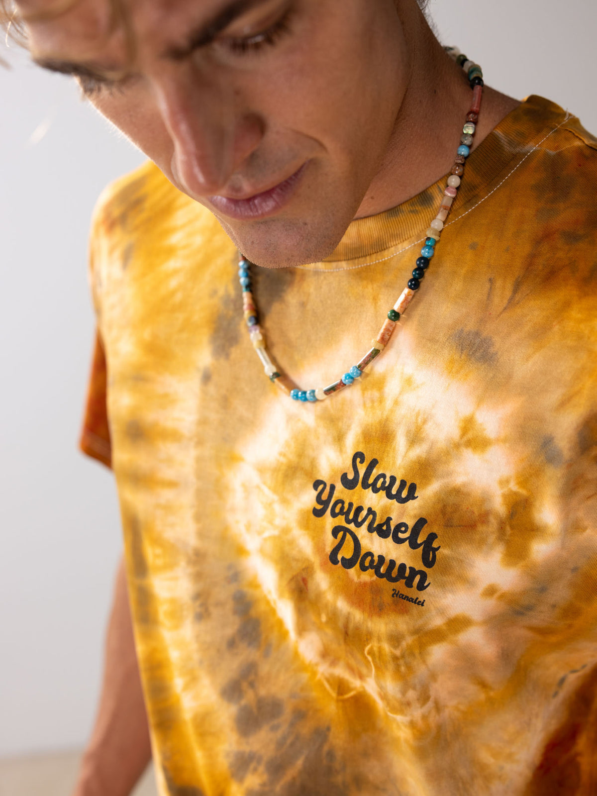 Gold-ish — Retro Stamp Tie-Dye Tee | Organic Cotton | Slow Yourself Down - Mens Shirts