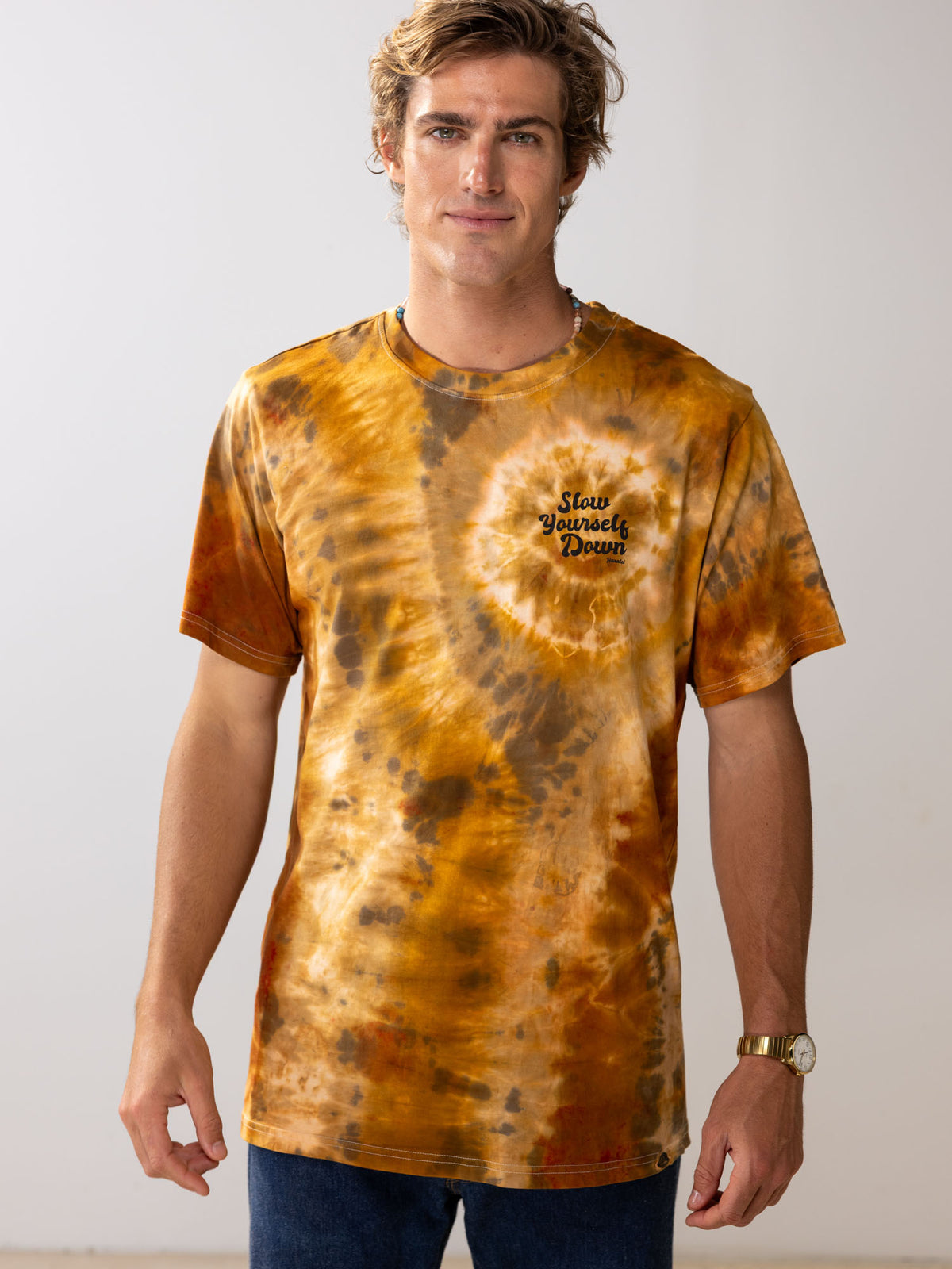 Gold-ish — Retro Stamp Tie-Dye Tee | Organic Cotton | Slow Yourself Down - Mens Shirts