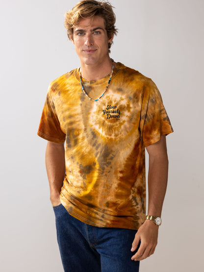 Gold-ish — Retro Stamp Tie-Dye Tee | Organic Cotton | Slow Yourself Down - Mens Shirts