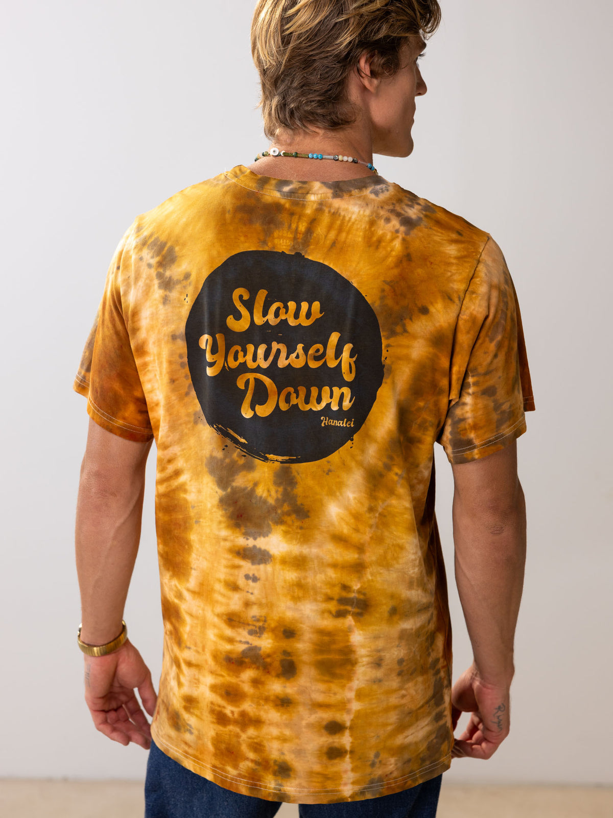 Gold-ish — Retro Stamp Tie-Dye Tee | Organic Cotton | Slow Yourself Down - Mens Shirts