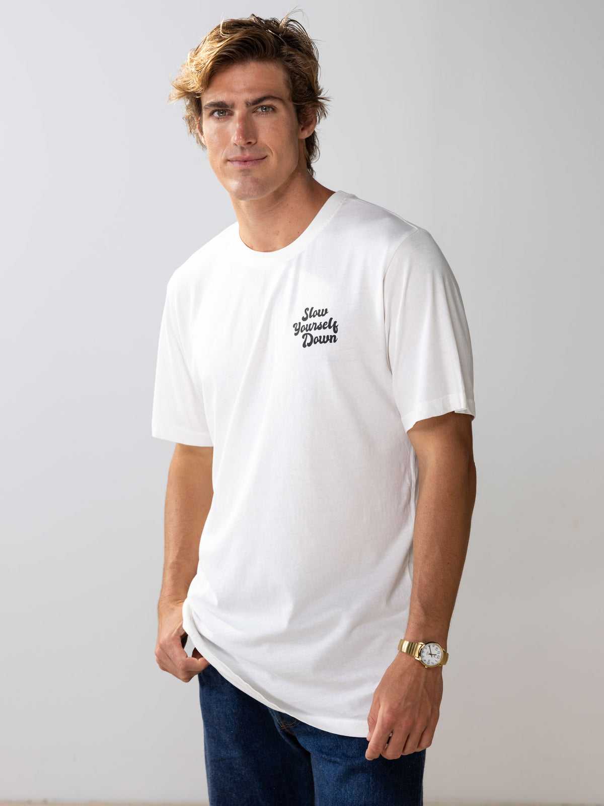 White Retro Tee | Organic Cotton | Slow Yourself Down - Mens Shirts