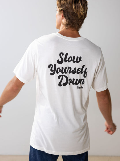 White Retro Tee | Organic Cotton | Slow Yourself Down - Mens Shirts