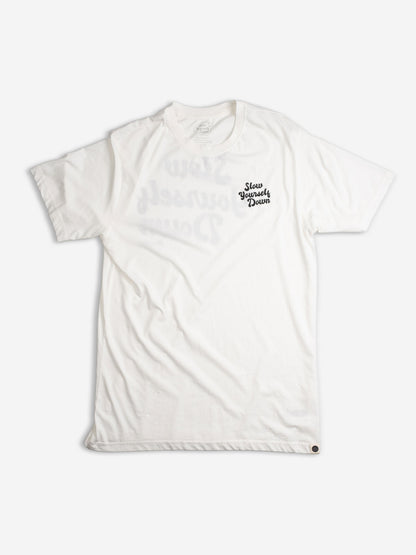 White Retro Tee | Organic Cotton | Slow Yourself Down - Mens Shirts