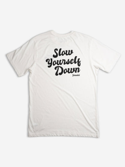 White Retro Tee | Organic Cotton | Slow Yourself Down - Mens Shirts