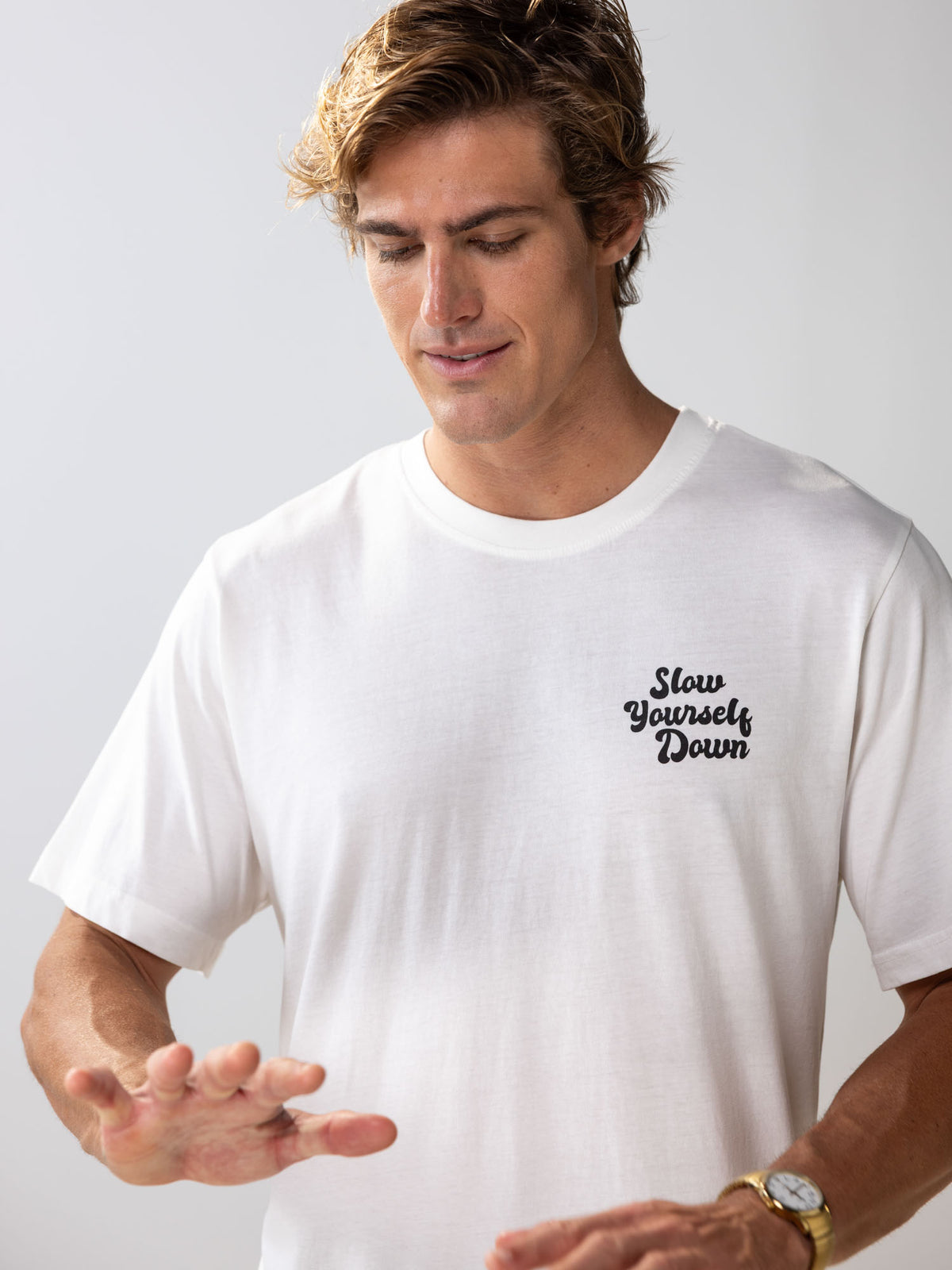 White Retro Tee | Organic Cotton | Slow Yourself Down - Mens Shirts