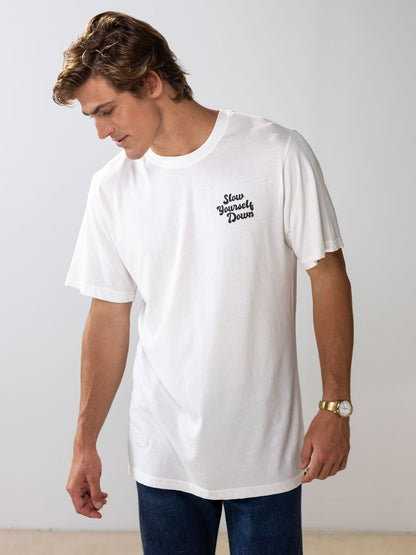 White Retro Tee | Organic Cotton | Slow Yourself Down - Mens Shirts